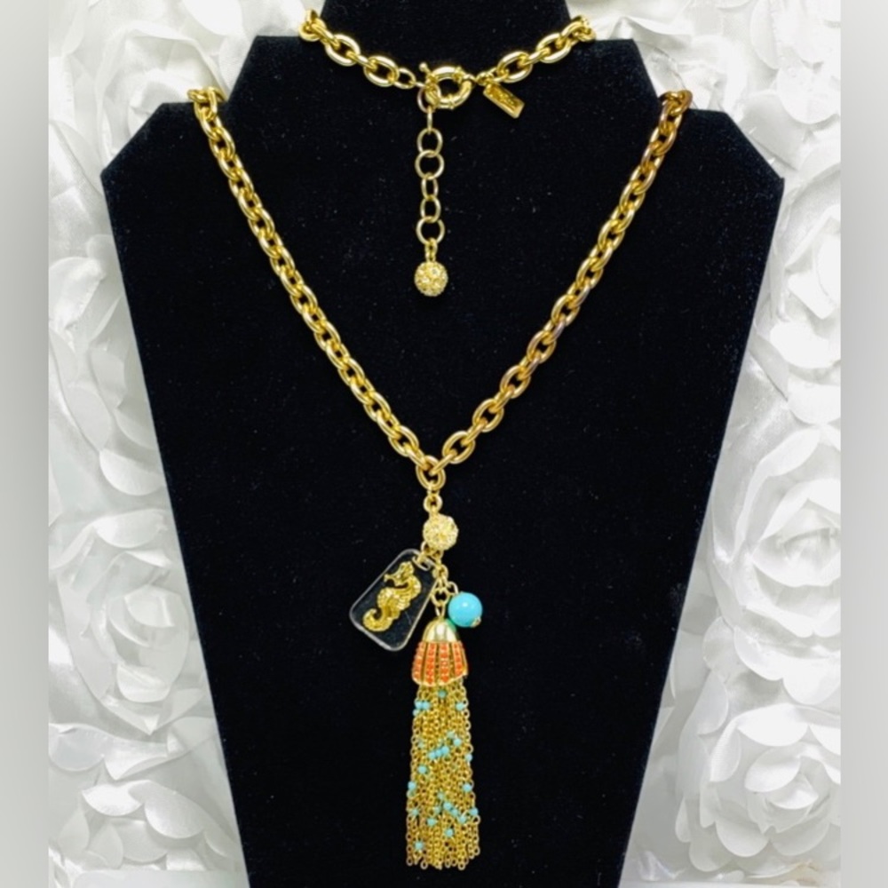 Lilly Pulitzer Women’ Seahorse Turquoise Tassel Necklace GoldTone -22”L Like New